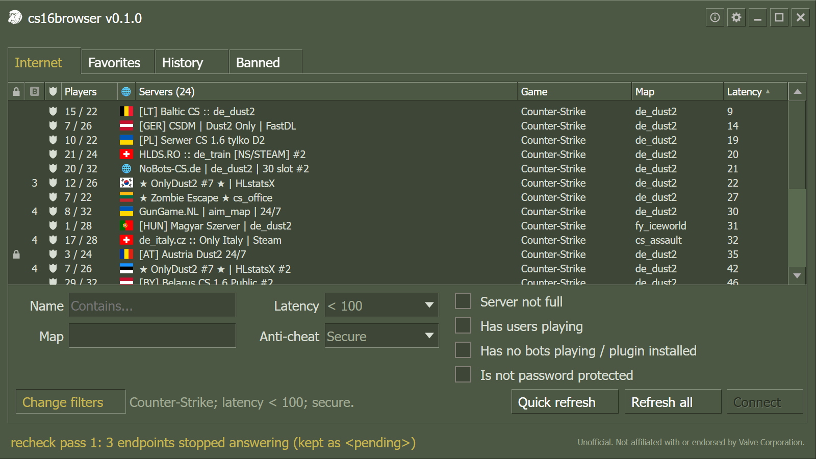 Illustrative offline preview of cs16browser with country flags beside server names, plus player counts, game, map and latency columns.